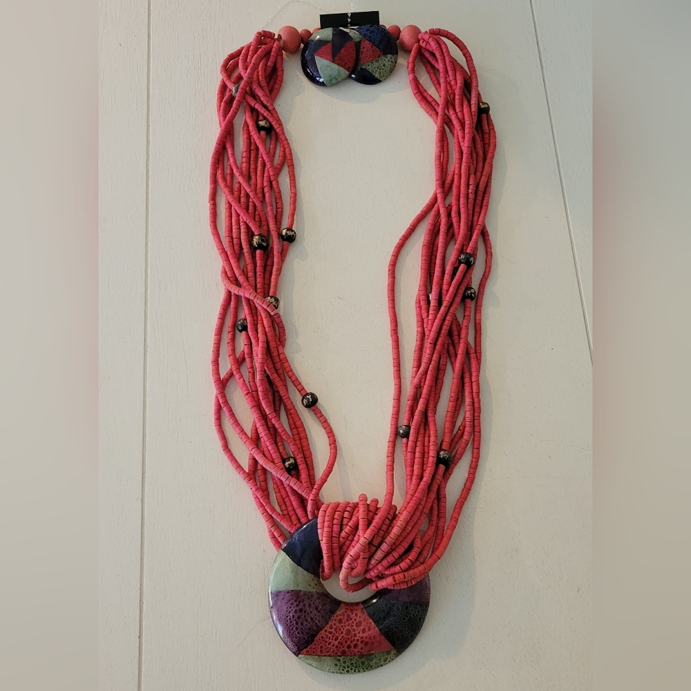 Vintage Red Beaded Necklace & Earrings Set